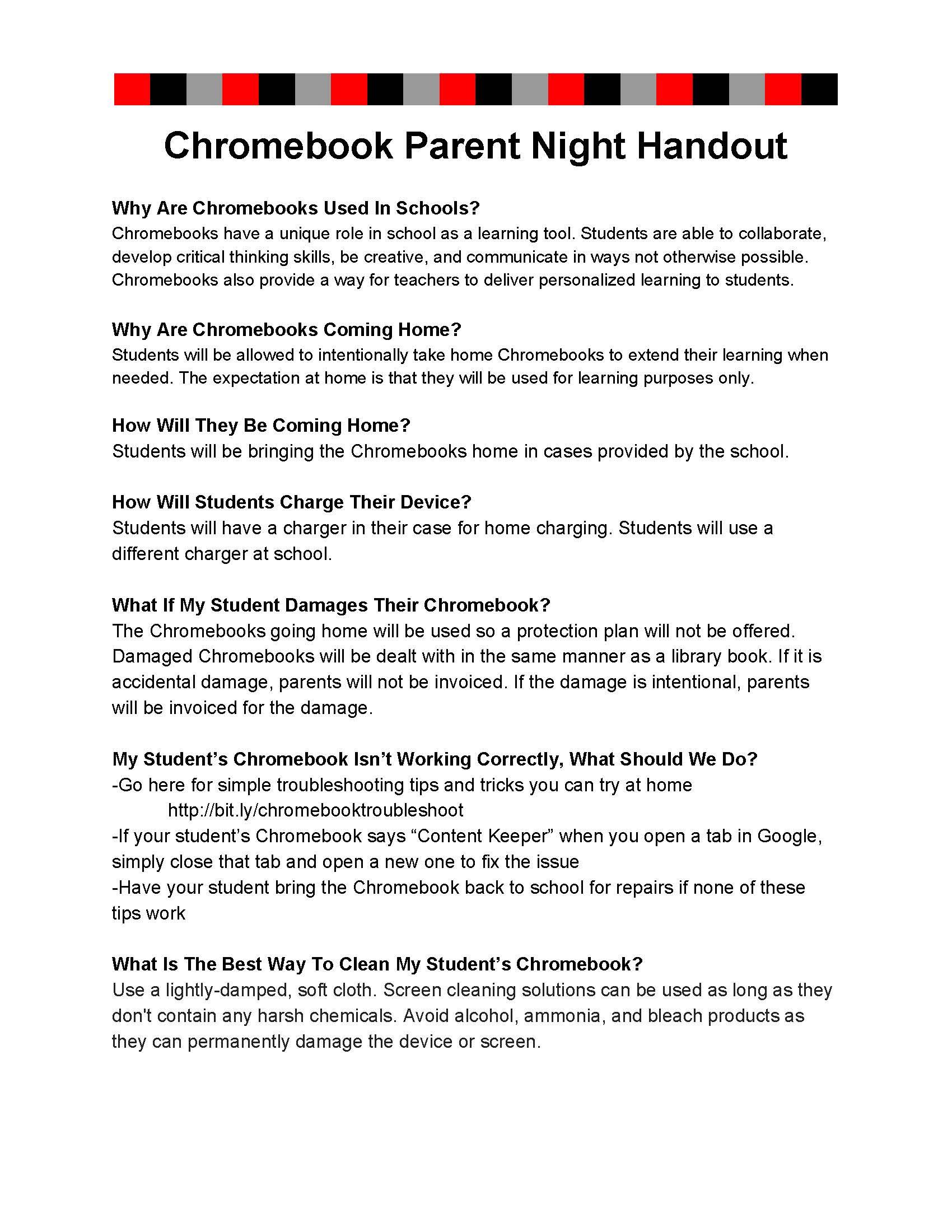 Page 1 of CME Chromebook Parent Night Handout!